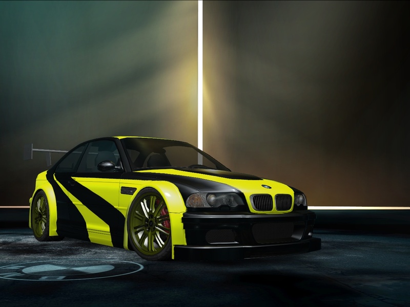 my bmw m3 e46 with the hero vinyl from nfs most wanted 2005 with black paint and yellow vinyl